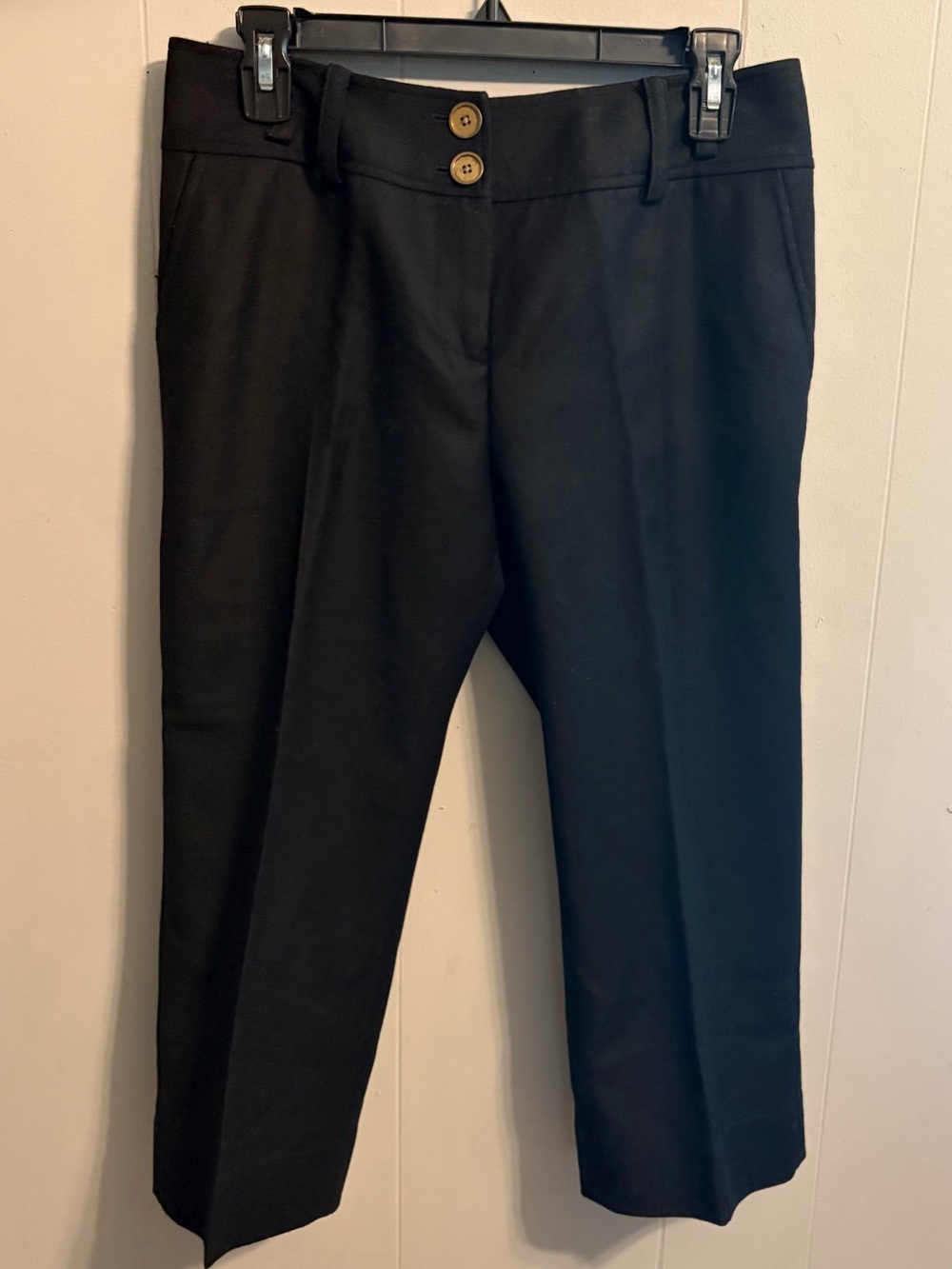 Black Cropped Dress Pants with Button Detail wool